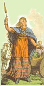 A colored drawing of boudica. She wears a plaid dress, an orange apron and a blue cloak She has long strawberry blonde hair, slightly waving, and she holds a spear aloft. 