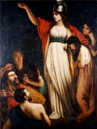 A painting of Boudica. She wears a white gown and red robe, and leads men into  battle.