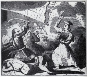 A black and white 18th century drawing of Ching Shih fighting another Chinese pirate with a saber.