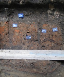 A picture of soil from an excavation site. A red streak shows the layer where Boudica left her mark. A few blue and white tabs indicate spots of interest.