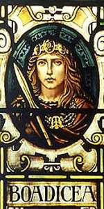 A stained glass image of a woman holding a spear. The name below her picture says Boadicea. 