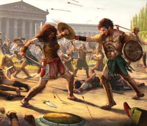 A woman in light battle armor fights a man in a breast plate. They both have shields and short swords, the Parthenon sits behind them. Arrows fly through the air, and the battlefield is littered with those still fighting, as well as the bodies of the dead. 