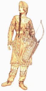 A colored drawing of a Scythian woman. She wears loose leather leggings under another loose, long-sleeved tunic. She carries a bow and quiver, which, along with her clothing, has been intricately painted. She wears a peaked cap, and has long brown hair which falls to her waist in a single braid.