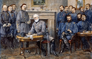 Lee's surrender to General Grant at Appomattox Courthouse; based on a woodcut by Alfred R. Waud.