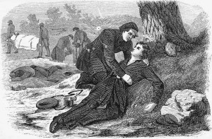 Sarah, comforting another female soldier as she succumbs to her wounds.